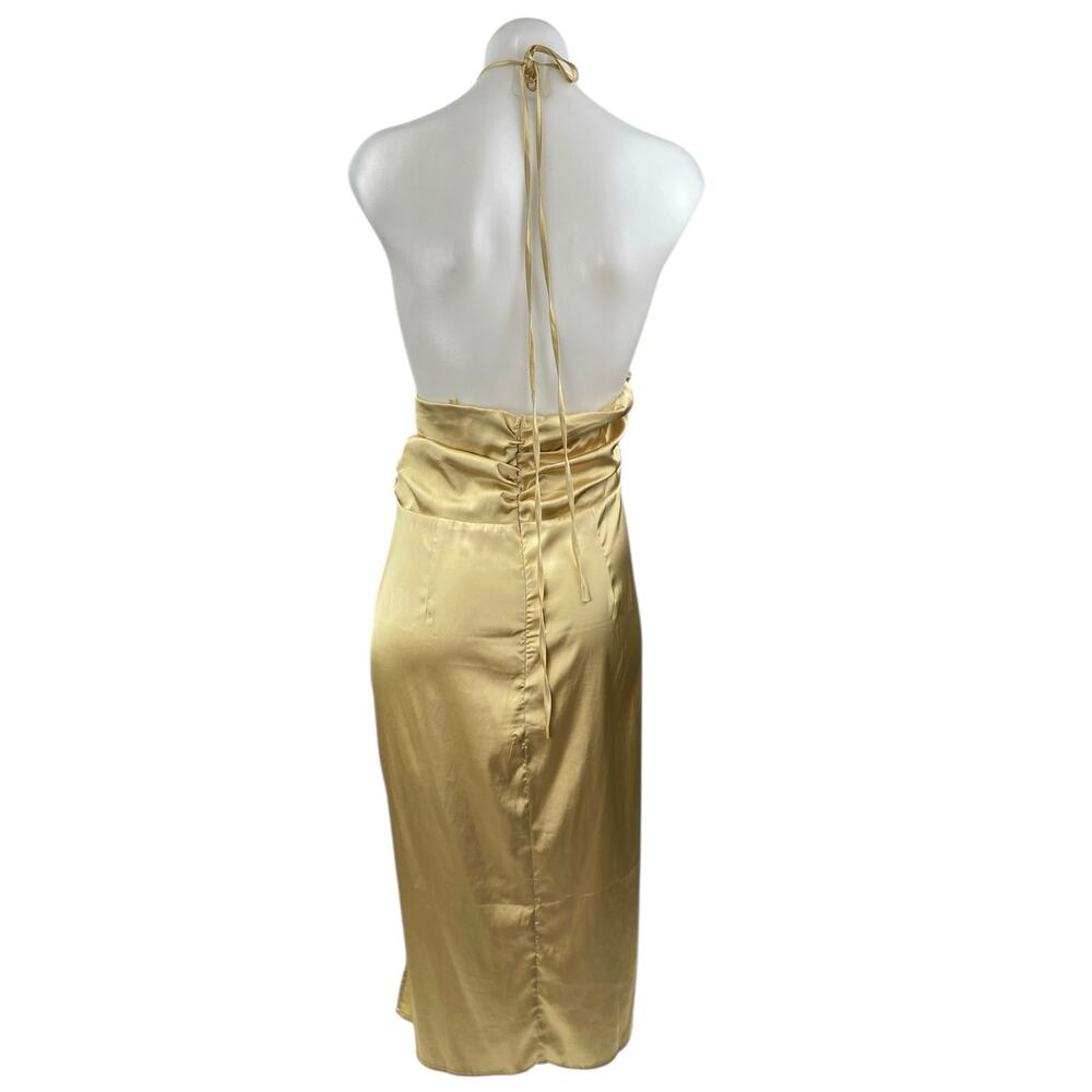 Danielle Bernstein Gold Yellow Silk Satin Halter Cutout Pencil Midi Dress Size L - Picture 3 of 5